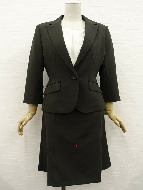 訳あり未使用品 AL-ENVI 洗える七分袖テーラードジャケット+ひざ丈セミタイトスカート 春夏セミフォーマルスーツ上下2点セット 9AR チャコールグレー 【中古】