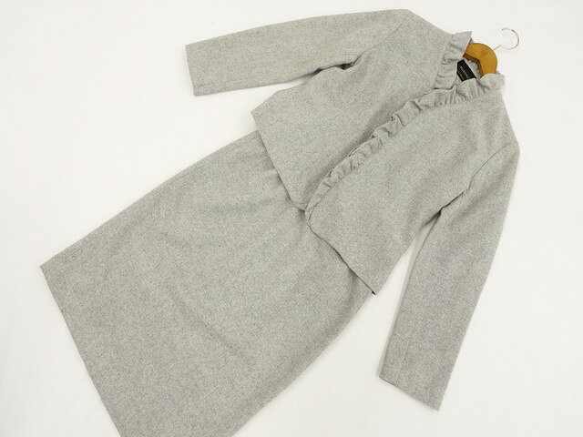 Wool - 美品 AVANNE atelier OKI INC. 長袖ジャケット+ひざ丈タイトスカート スーツ上下2点セット 9 グレー杢 【中古】