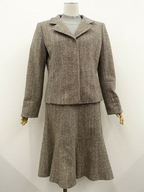 美品 ソニアリキエル SONIA RYKIEL 長袖テーラードジャケット+ひざ丈フレアスカート ツイード上下2点セット 40 ブラウン系 【中古】