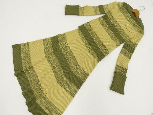 美品 ミラオーウェン Mila Owen 洗える長袖セーター+ロング丈フレアスカート ニット上下2点セット 0 イエロー グリーン ボーダー柄 【中古】