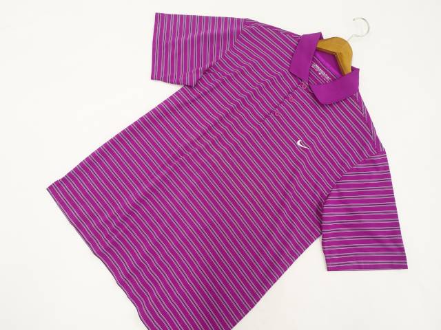 メンズ 美品 ナイキゴルフ NIKE GOLF 洗える半袖 ポロシャツ ゴルフウェア XL パープル グレー ブラック ボーダー柄 シルバー ロゴ 【メール便可】 【中古】