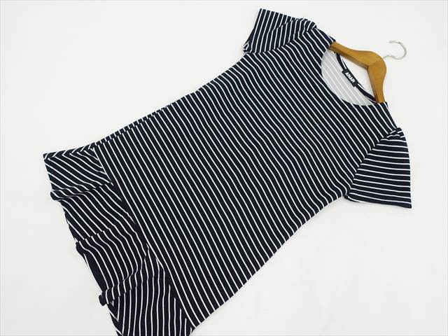 美品 アナップ ANAP パフスリーブ 半袖 ラウンドネック ニットチュニック ネイビー×ホワイト ボーダー柄 【中古】