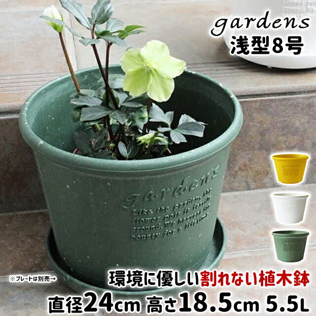 植木鉢 おしゃれ プラスチック 室内 エコポット浅型 8号 5.5L 直径24cm 高さ18.5cm 八幡化成 gardens パピエ 【 オシャレ 鉢 プラ鉢 ガーデニング インテリア 北欧 円形 丸型 円筒 】