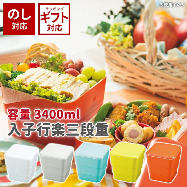 18.0入子行楽三段重 【 3400ml 大容量 ファミリー弁当 大型お弁当箱 コンパクト 入子式 手提げ付き ナチュラル シンプル 】