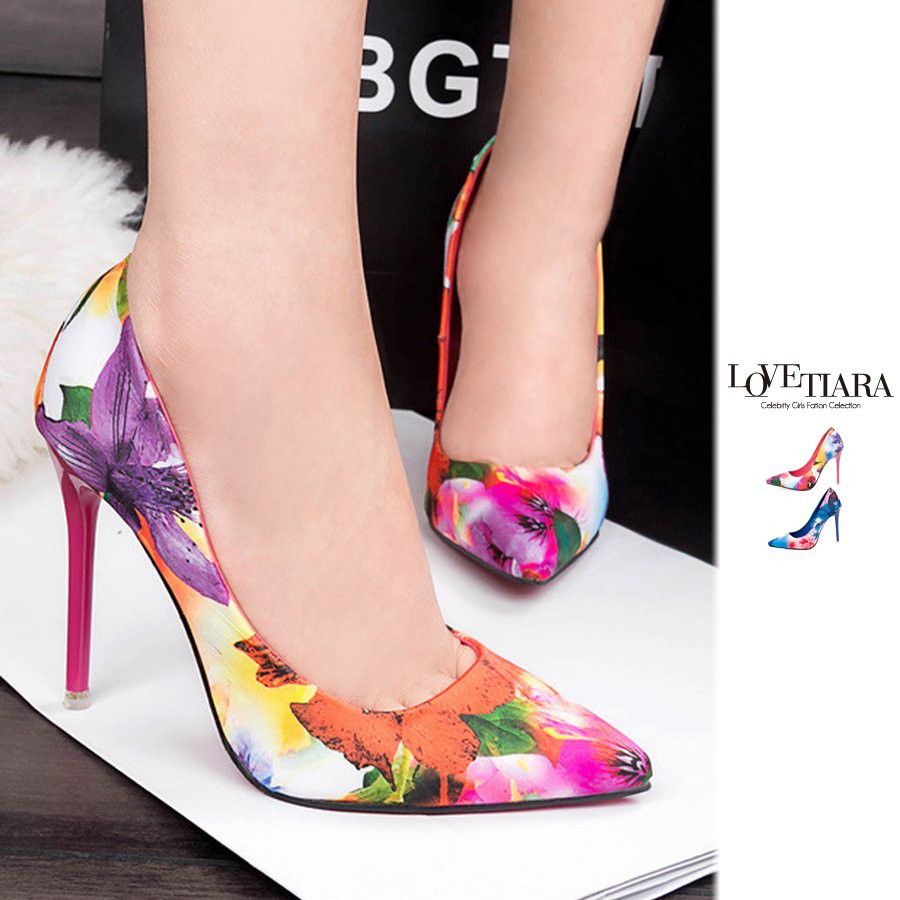 レディース靴 花柄パンプス エレガント ハイヒール 美脚 効果 抜群 おしゃれ かわいい 春 水彩 ぼかし デート 通勤 通学 レディース 靴 人気 トレンド 23.5cm 24.0cm kp03-h