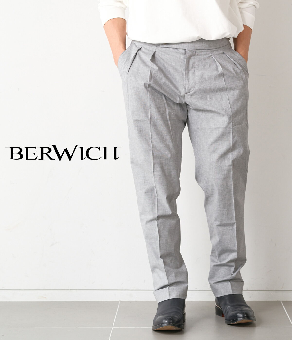 乐天商城 - 【別注】【BERWICH｜ベルウィッチ】スコッチ SCOTCH ライトグレー コットン ポリウレタン 当店限定 高級感 快適 上品 30代 40代 メンズ きれいめ カジュアル モダンクラシック 2プリーツ サイドアジャスター【VIARESTA-SC】
