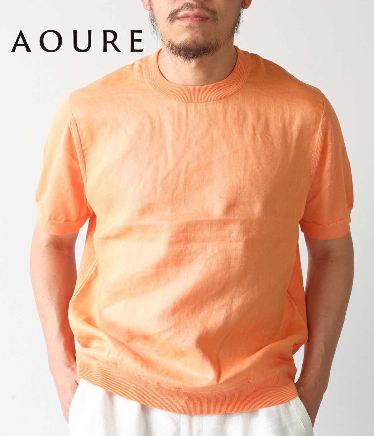 乐天商城 - 【AOURE｜アウール】ネーヴェサマー NEVE SUMMER ニットコンビティーシャツ オレンジ 綿 ナイロン リネン 上品 快適 伸縮性 通気性 涼しい メンズ 30代 40代【AMNT262031】
