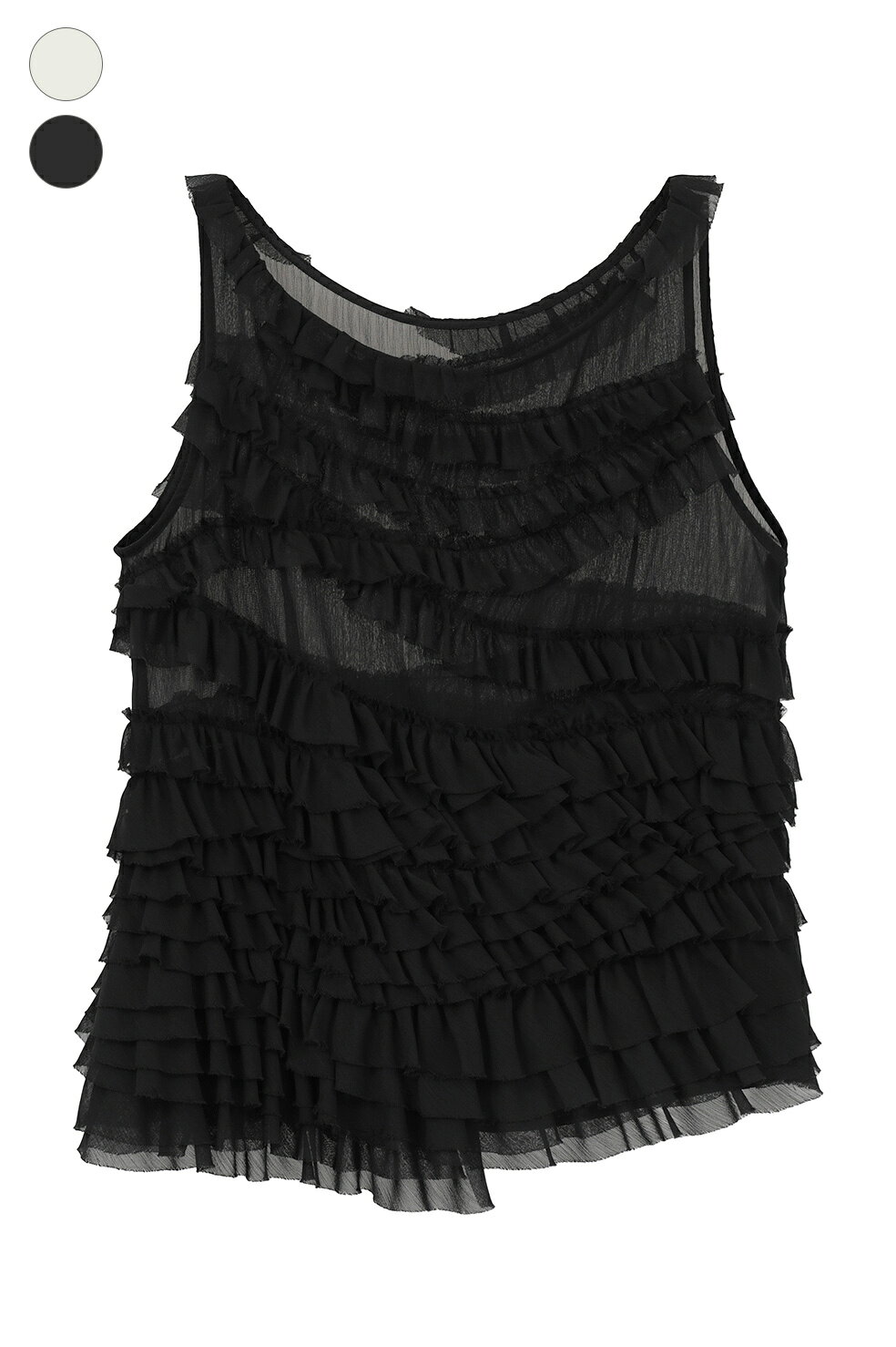 【20%OFFセール｜期間限定】【CLANE｜クラネ】ランダムフリルシアーノースリーブトップス RANDOM FRILL SHEER N/S TOPS ブラック アイボリー 松本恵奈 透け感 ゆったりシルエット レディース デザイントップス【11122-4253】