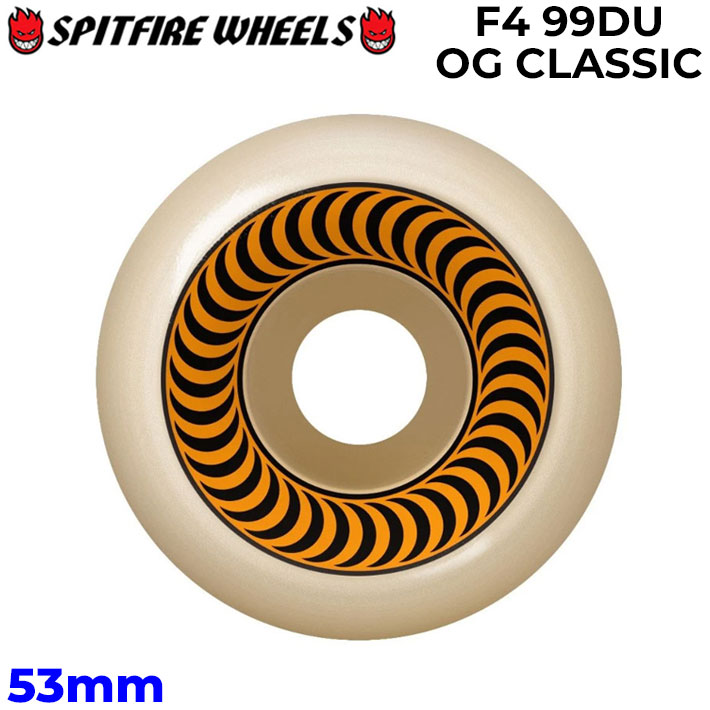 メーカー希望小売価格はメーカーカタログに基づいて掲載していますSPITFIRE WHEELS 日本正規販売店 スピット ファイア 2006年、数々のブランドを裏で支えた“BRAD STABA”とフィルマーの“AARON MEZA”、『NIKE』のフォトグラファーとしても有名な“JON HUMPHRIES”が中心となって立ち上げたブランド。 ブランド発足当初は『GIRL COMPANY』のブランドの一つとして運営していたが、後に独立。 独立後も『SKATEMENTAL』らしさのブラックジョークの少し効きすぎたデッキ・アパレルの他に『NIKE』や『DGK』、デザイナー“PARRA”とのコラボレーションアイテムなどを多数展開している。 ライダーも注目株の“SHANE O’NEILL”や“DAN PLUNKETT”などの実力者に加えて“TREVOR COLDEN”が新加入するなど今後、要注目のブランドと言って間違いないだろう。 素材：FORMULA FOUR (F4) シェイプ：OG CLASSIC 硬さ：99DURO (99A) サイズ：53mm ※ウィールは4個1SETになります。