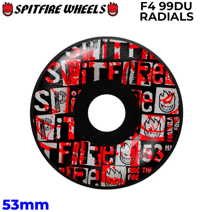 メーカー希望小売価格はメーカーカタログに基づいて掲載していますSPITFIRE WHEELS 日本正規販売店 スピット ファイア 2006年、数々のブランドを裏で支えた“BRAD STABA”とフィルマーの“AARON MEZA”、『NIKE』のフォトグラファーとしても有名な“JON HUMPHRIES”が中心となって立ち上げたブランド。 ブランド発足当初は『GIRL COMPANY』のブランドの一つとして運営していたが、後に独立。 独立後も『SKATEMENTAL』らしさのブラックジョークの少し効きすぎたデッキ・アパレルの他に『NIKE』や『DGK』、デザイナー“PARRA”とのコラボレーションアイテムなどを多数展開している。 ライダーも注目株の“SHANE O’NEILL”や“DAN PLUNKETT”などの実力者に加えて“TREVOR COLDEN”が新加入するなど今後、要注目のブランドと言って間違いないだろう。 素材：FORMULA FOUR (F4) シェイプ：RADIALS 硬さ：99DURO (99A) サイズ：53mm ※ウィールは4個1SETになります。