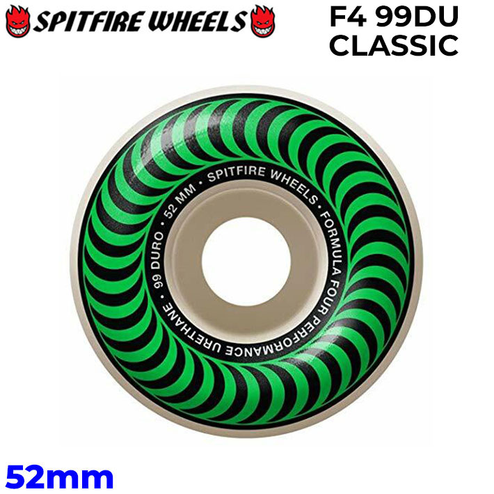 メーカー希望小売価格はメーカーカタログに基づいて掲載していますSPITFIRE WHEELS 日本正規販売店 スピット ファイア 2006年、数々のブランドを裏で支えた“BRAD STABA”とフィルマーの“AARON MEZA”、『NIKE』のフォトグラファーとしても有名な“JON HUMPHRIES”が中心となって立ち上げたブランド。 ブランド発足当初は『GIRL COMPANY』のブランドの一つとして運営していたが、後に独立。 独立後も『SKATEMENTAL』らしさのブラックジョークの少し効きすぎたデッキ・アパレルの他に『NIKE』や『DGK』、デザイナー“PARRA”とのコラボレーションアイテムなどを多数展開している。 ライダーも注目株の“SHANE O’NEILL”や“DAN PLUNKETT”などの実力者に加えて“TREVOR COLDEN”が新加入するなど今後、要注目のブランドと言って間違いないだろう。 素材：FORMULA FOUR (F4) シェイプ：CLASSIC 硬さ：99DURO (99A) サイズ：52mm ※ウィールは4個1SETになります。