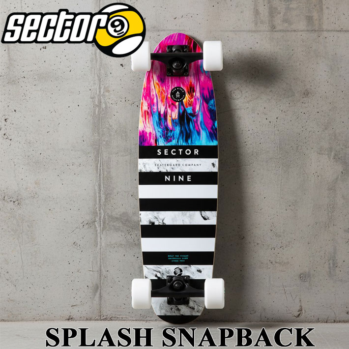 メーカー希望小売価格はメーカーカタログに基づいて掲載していますSECTOR9 セクターナイン サーフスケート 日本正規販売店 創業：1993年 創業者：スティーブ・レイクを中心とした4人の仲間たち アメリカのカルフォルニア州で生まれ、現在ではサンディエゴに拠点を構える サーファーによって、サーファーの為につくられたスケートボードブランド 現在世界57か国で愛されています SPLASH SNAPBACK SPLASH SNAPBACKは、ファイバーグラスとメープルを積層したデッキに、フラットでマットなアートワークをボトムに施しています。 8.375"Gullwing ミッショントラック、70mm 78a 9ballsホイール、ABEC 5 Greaseballベアリング、1.25"スチールボルトとERGグリップテープが付属しています。 クルーザータイプのモデルとなりますが他のクルーザーモデルと比較してウィールベースが広いため安定感を維持しファイバーグラスと層の少ないメープル素材により心地良いしなりとターンのレスポンスの良さを兼ね備えています。 【CRUISER RIDING STYLE】 SECTOR 9のほとんどのスケートボードはクルージングが可能ですが、クルーザーと指定されたボードは、より方向性のあるシェイプで、ウィールはソフトなものが一般的です。 クルーザーカテゴリーのほとんどは通常のショートボードのテンプレートから作られており、スケートパークやストリートで滑ることができます。 DIMENSIONS - Length: 30.0” - Width: 8.0” - Wheelbase: 20.625” COMPONENTS - 8.375” Gullwing Mission Trucks - 70mm 78a Nineballs - ABEC 5 Greaseball Bearings - 0.25” Recycled Plastic Risers - 1.25” Hardened Steel Bolts - ERG Grip Tape FEATURES - Fiberglass Maple Sandwich - Camber Mold - Flat Matte Bottom Artwork - Slight Kicktail ご注意ください！ ※海外生産品の為、デッキ及びウイールに多少の傷や汚れ、塗装の剥がれ、塗装のよれ、気泡等がある場合が御座いますが、ご使用には問題無い為、メーカー検品済で良品扱いです。初期不良には該当致しません。 ※入荷時期によりウィールのカラーが異なる場合があります。 ※メーカー画像仕様の為、モニター環境等により多少色味の違いがある場合が御座います。予めご了承ください。 ※イメージとしてAI生成画像を使用しております。ご注意ください。