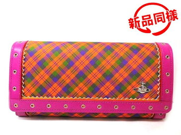 新品同様 ヴィヴィアンウエストウッド Vivienne Westwood ■チェック柄 長財布 ウォレット オレンジ オーブ レディース □ 3F