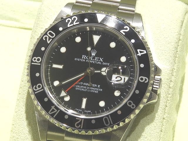 美品 ロレックス 16710 Z品番 GMTマスター2 ☆ メンズ 自動巻き 時計 デイト ▼ ROLEX 黒文字盤 ブラックベゼル シルバーSS 5A