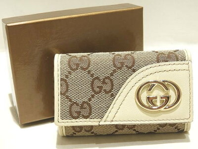 新品同様 グッチ 6連 キーケース ☆ 181599 GGキャンバス ベージュ系 × アイボリー系 レザー インターロッキング金具 GUCCI ▼ 5E