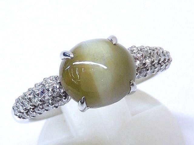 樂天商城 - GSTV購入品 新品同様 Pt950 プラチナ リング ■ 13号 クリソベリル キャッツアイ 3.226ct ダイヤ 0.35 指輪 □5E5F