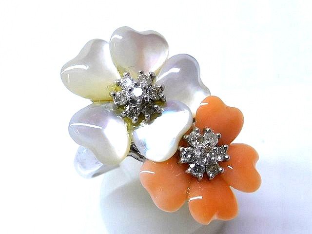 鑑別書付き K18 WG ホワイトゴールド リング ■ 13.5号 シェル 珊瑚 ダイヤ 0.40ct フラワー デザイン 指輪 レディース □5J 大感謝祭 クリスマス プレゼント
