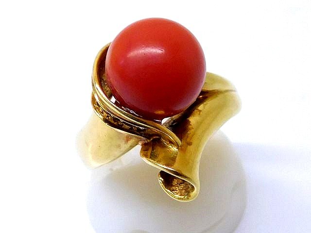 K18 YG イエローゴールド リング ■ 14.5号 サンゴ 9.8mm ダイヤ 0.03ct 6.6g 指輪 レディース □3L5L