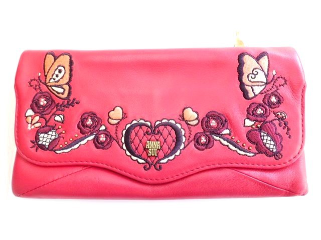 美品 ANNA SUI アナスイ 長財布 ■ レッド系 レザー レディース ウォレット □6D マ100