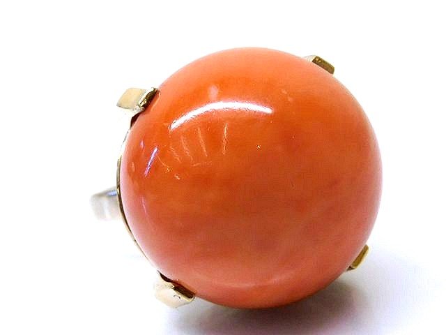 特大サイズ 天然 珊瑚 22.5mm ■ K18 YG イエローゴールド 18.5号 リング 指輪 26.2g さんご サンゴ コ..