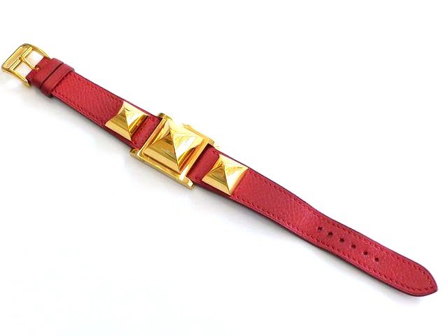 エルメス 時計 ■ メドール ステンレス ゴールドカラー スタッズ スクエア 文字盤 レッド 赤 レザー クォーツ 腕時計 HERMES □6H6J