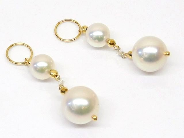 3F 美品 K18 パール 約6.8～8.5mm 6.8～8.3mm ツインチャーム ■ ダイヤ 0.05ct×2 イエローゴールド 2.6g レディース GSTV 真珠□6J