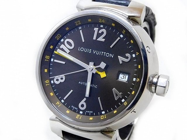ブラックフライデー ヴィトン Q1131 タンブール GMT 時計 ■ ステンレス ブラウン 文字盤 メンズ 自動巻き 腕時計 モノグラム LOUIS VUITTON □ 7E