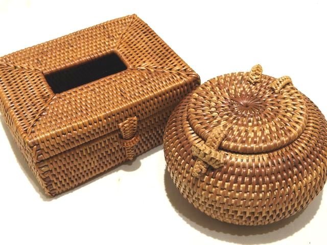 新品同様 バリ島 アタ 編み込み ミニティッシュケース & 小物入れ ◆ ブラウン セット 雑貨 ▼7H