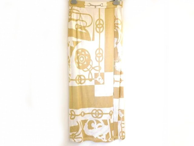 新品同様品 HERMES エルメス ■ 2022年製 シルク100% 総柄デザイン ラップ スカート ベージュ系 レディース□ 7I キ1000