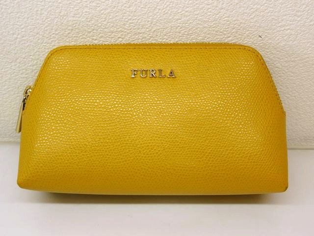 フルラ ポーチ ■ レザー 黄色 イエロー コスメ 小物入れ FURLA □7I7J