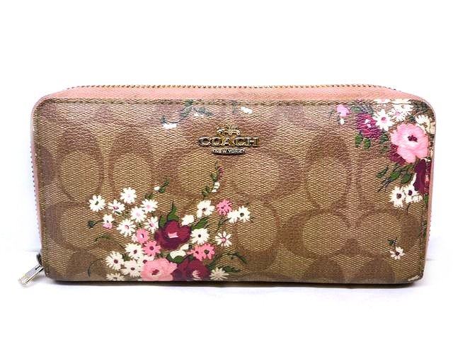 コーチ 財布 ■ F29931 シグネチャー フラワープリント ベージュ ピンク 花柄 ラウンドファスナー レディース 長財布 COACH □7K(4)