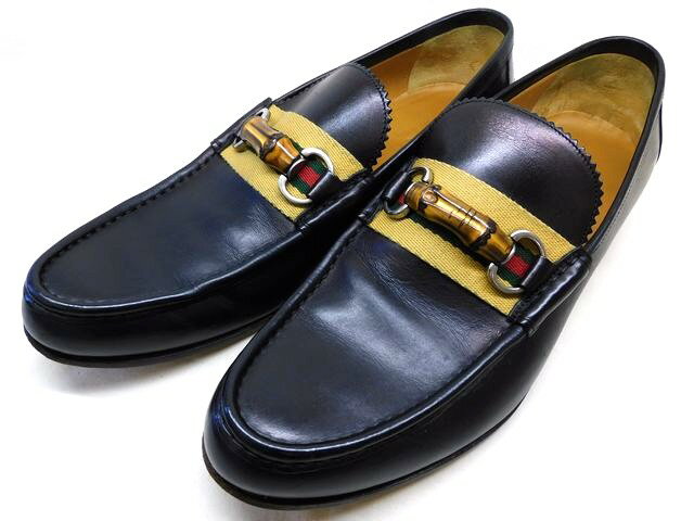 まだ美品 グッチ サイズ7 約26cm シェリーライン △ レザー バンブー ■ ビットローファー メンズ 232439 黒ブラック ローファー GUCCI□7K