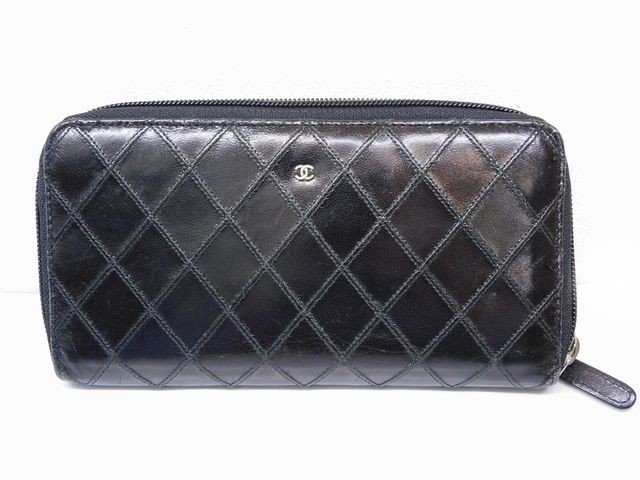 シャネル ビコローレ ■ 長財布 ファスナー社外修理品 レザー 黒 ブラック ラウンドファスナー ウォレット CHANEL □7K7L