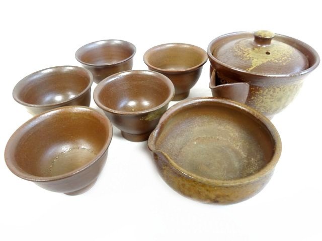 15 備前焼 在銘 竹山 前茶器 7点揃い 宝瓶 急須 湯冷まし 茶盃 湯呑 前茶道具 ■ 木箱 酒杯 共箱 酒器 ..