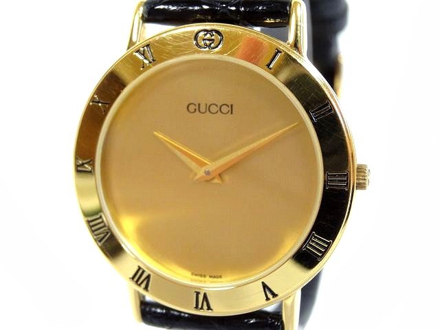 グッチ 3000.2.M ■ アンティーク メンズ 時計 QZ ウォッチ 革ベルト ゴールドカラー ゴールド文字盤 GUCCI □8A