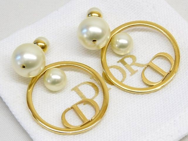 まだ美品 ディオール ピアス ■ ロゴ サークル パール風 レディース ゴールドカラー ChristianDior □8A エマ100
