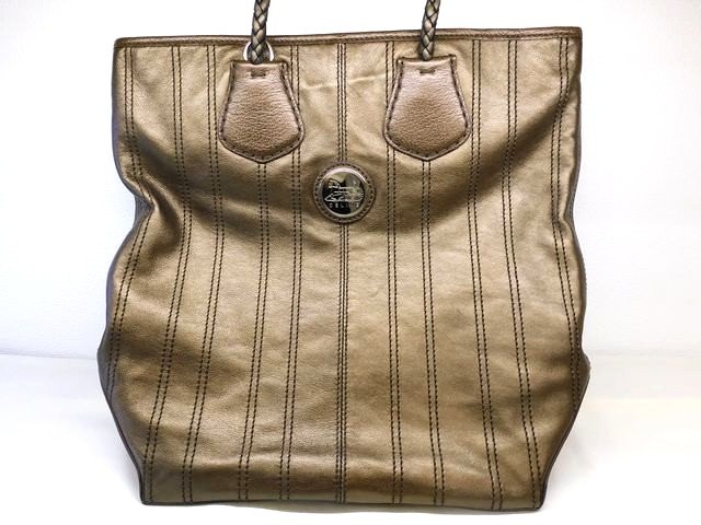 美品 CELINE セリーヌ レザー トートバッグ ☆ ブロンズカラー ストライプステッチ ロゴプレート ショルダーバッグ ハンドバッグ ▼8A