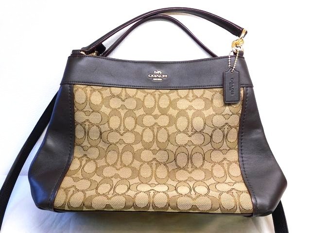 美品 コーチ ■ F29548 シグネチャー スモール レクシー カーキ×ダークブラウン トートバッグ ショルダーおまけ付 COACH□ 8B ム100