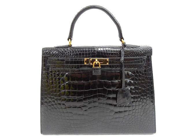 3F 訳あり クロコ バッグ ■ ブラック レザー ゴールド金具 レディース ハンドバッグ クロコダイル 南京錠 パドロック □ 8B