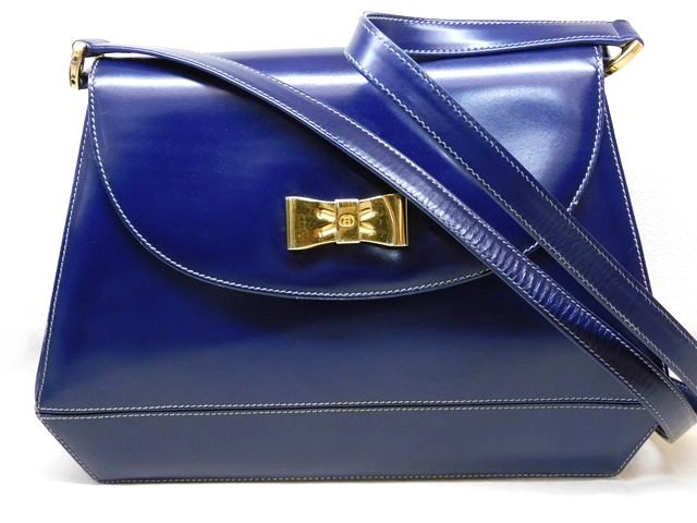 オールドグッチ ■ 001・406・1006 レザー ネイビー ショルダーバッグ リボン ヴィンテージ レディース GUCCI □8B エ1000