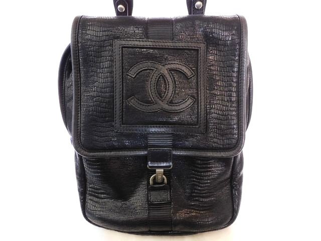 CHANEL シャネル スポーツライン ■ リザード型押し ショルダーバッグ 黒 ブラック レディース □8B キニ100