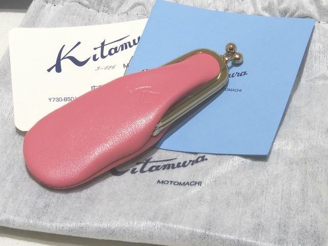 ※送料無料 美品 Kitamura 印鑑ケース ◆ ピンク レザー ゴールド金具 がま口 キタムラ 小物 収納 ミニ ▼8C