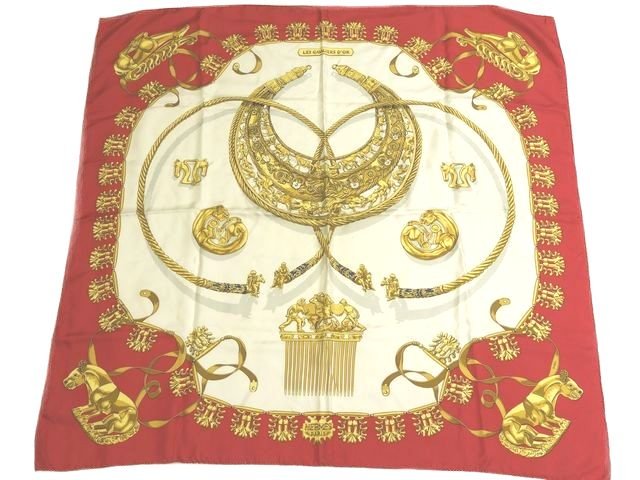 HERMES エルメス カレ90 スカーフ LES CAVALIERS D'OR 黄金の騎士 ☆ シルク100% レディース レッド系 ゴールド系 ▼8C