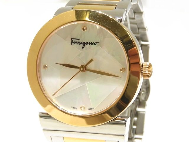 かなり美品 Salvatore Ferragamo フェラガモ レディース クォーツ 時計 ☆ コンビ シェル文字盤 4Pダイヤ ▼8D