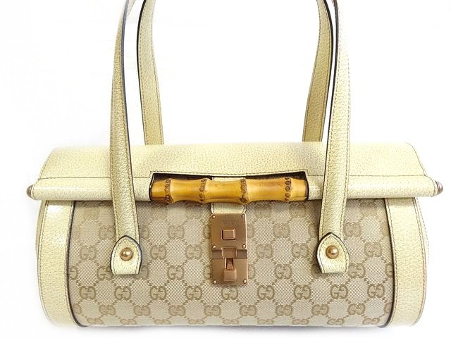 美品 グッチ ■ ハンドバッグ 111713 バンブー レザー クリーム系 GGキャンバス トート ブロンズ金具 GUCCI □8D