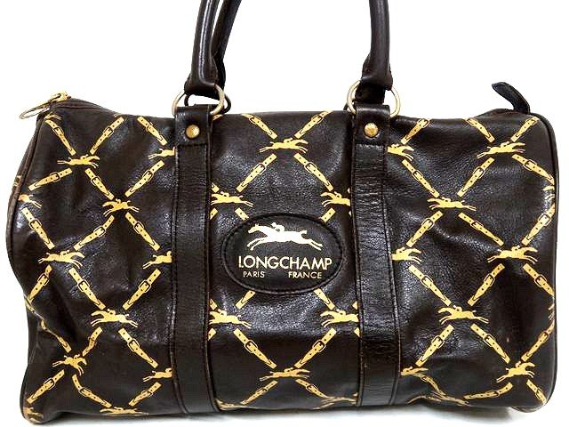 3F ロンシャン LONGCHAMP ミニボストンバッグ ■ メンズ レディース ヴィンテージ 総柄 ブラウン系 レザー ハンドバッグ □8D
