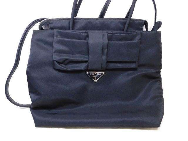 プラダ 1BG320 ■ ロゴ金具 リボン 2WAY ハンドバッグ ショルダーバッグ ナイロン素材 レディース 黒 ブラック PRADA □8E