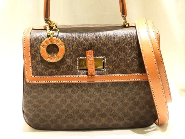 樂天商城 - CELINE セリーヌ 2WAY ハンドバッグ ☆ ワンハンドル マカダム 総柄 ブラウン PVC × レザー ショルダー ターンロック チャーム付き ▼8F