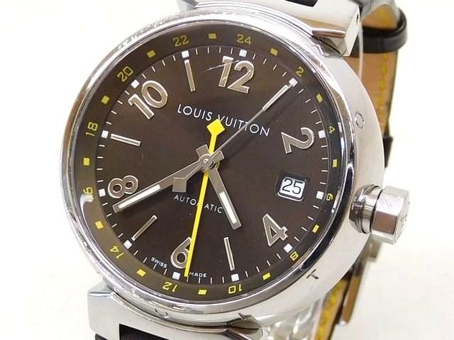 ヴィトン Q1131 タンブール GMT 時計 ■ ステンレス ブラウン 文字盤 メンズ 自動巻き 革ベルト LOUIS VUITTON□8G 3ム100