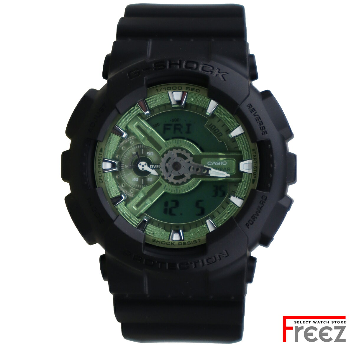 タフネスを追求し進化を続けるG-SHOCKから、存在感のあるビッグケースが人気のGA-110です。定番のブラックのバンドとベゼルを採用。立体的なフェイスデザインはセージグリーンのワントーンで統一しました。 ストリートファッションにも最適で、武骨な中にもカジュアルな雰囲気を取り入れた、スタイリングのアクセントとして活用しやすいカラーモデルです 日本品番【GA-110CD-1A3】と同型モデルCASIO G−SHOCK 海外モデル GA-110CD-1A3 アナデジ タフネスを追求し進化を続けるG-SHOCKから、存在感のあるビッグケースが人気のGA-110です。定番のブラックのバンドとベゼルを採用。立体的なフェイスデザインはセージグリーンのワントーンで統一しました。 ストリートファッションにも最適で、武骨な中にもカジュアルな雰囲気を取り入れた、スタイリングのアクセントとして活用しやすいカラーモデルです 商品詳細 品番：GA-110CD-1A3 品名：G-SHOCK 海外モデル 機能詳細 耐衝撃構造（ショックレジスト） 20気圧防水 ストップウオッチ（スプリット付き） ワールドタイム：世界48都市（31タイムゾーン、サマータイム設定機能付き）＋UTC（協定世界時）の時刻表示 タイマー（セット単位:1秒 最大セット:24時間 1秒単位で計測 オートリピート LEDライト（オートライト機能、残照機能、残照時間切替 フルオートカレンダー 12/24時間制表示切替 ケースサイズ（H×W×D）：55×51.2×16.9mm 重量：約72g 保証期間：弊社1年保証 付属品：純正BOX,取扱説明書(取説は英文となります）日本語取説コピー付属